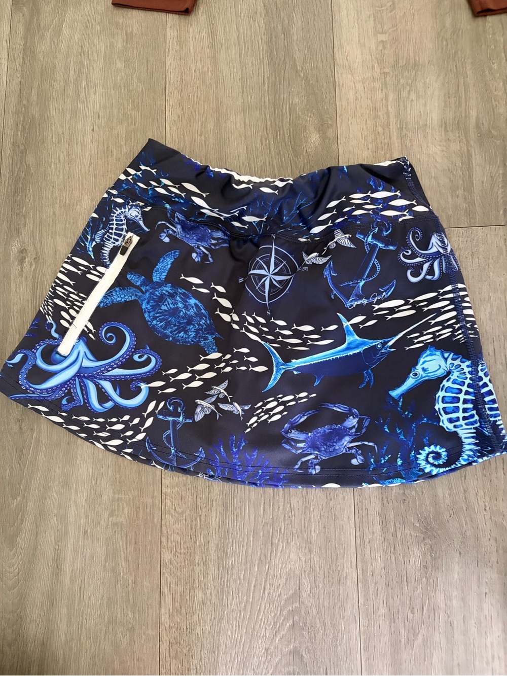 Navy Marine-Print Mini Skirt with Zip Pocket
